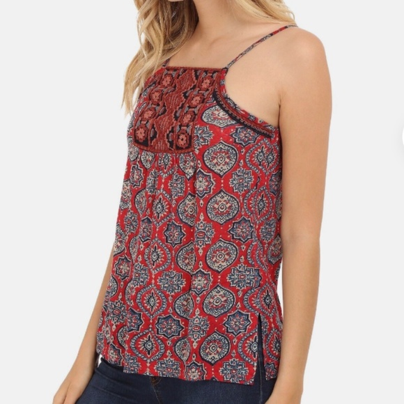 Embroidered Stretch Linen Blend Aztec Print Hipster Hippie Boho Halter Cami Top - Picture 6 of 7